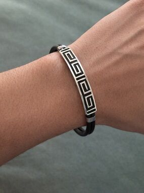 Sterling silver Aztec Rubber bracelet Greek key adjustable Taxco Jewelry